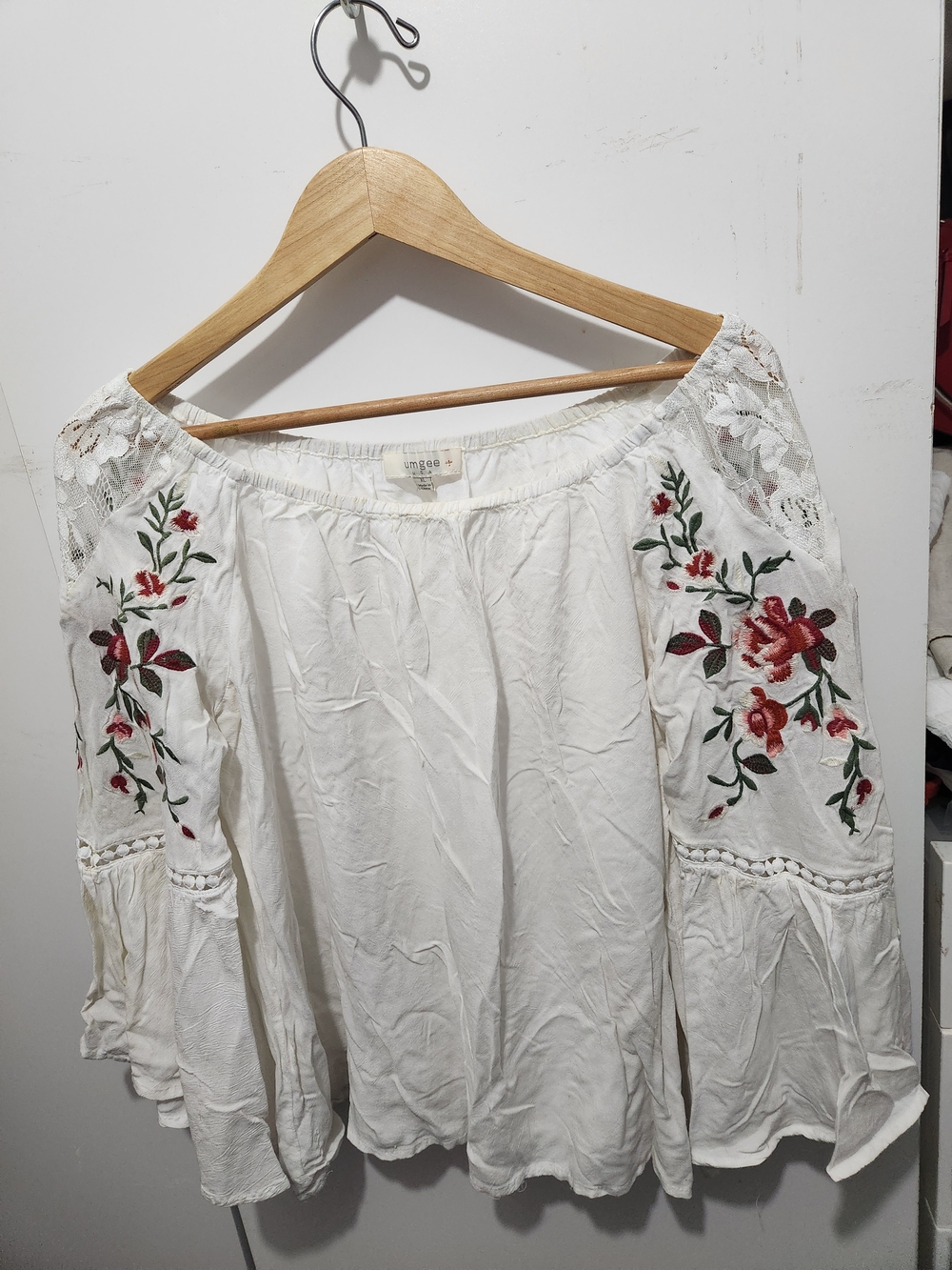 Umgee White Off-Shoulder Blouse with Red Floral Embroidery